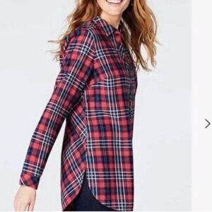 J. Jill denim Red 7 Blue Plaid Button Front Long Sleeve Tunic Shirt Size L